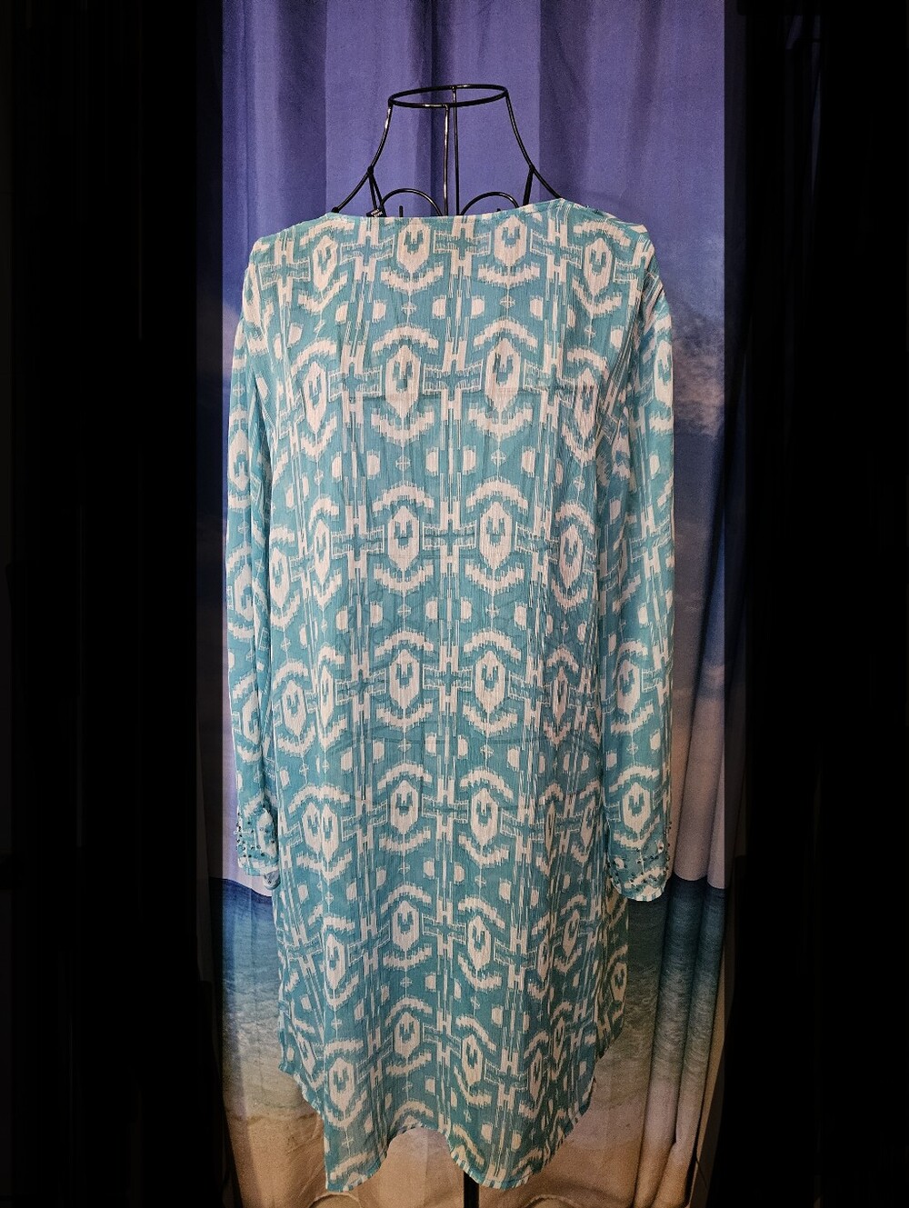 Susan Graver   Abstract Ikat Aqua Long-Sleeve Women's Dress or Beach Coverup - Picture 3 of 9